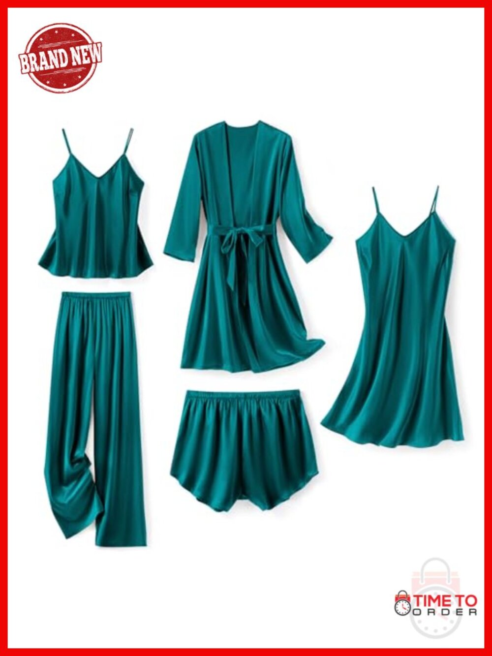 5 Piece Silk Satin Pajama Set for Women - Robe Nightgown Cami Shorts Pants